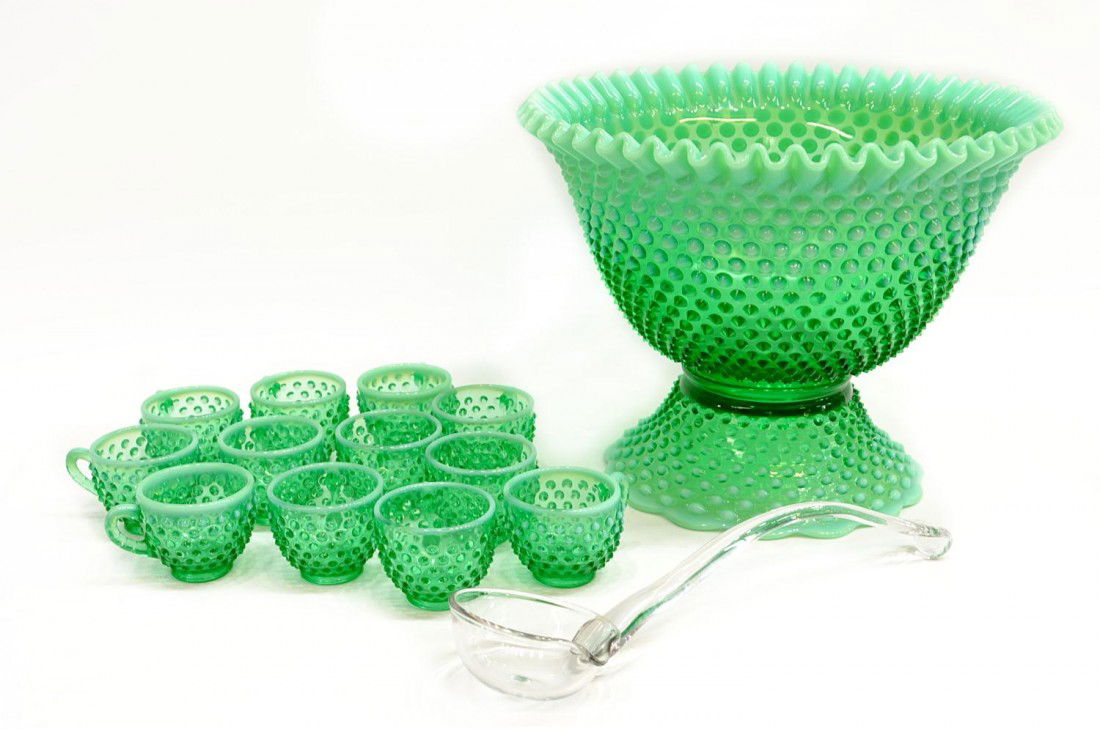 39 FENTON GREEN VASELINE GLASS HOBNAIL PUNCH SET