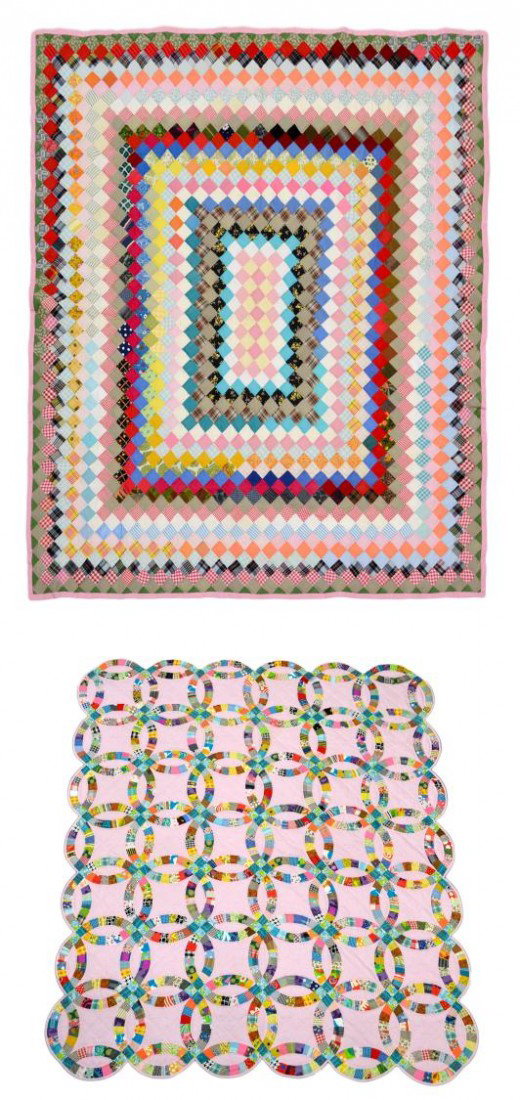 (2) VINTAGE PINK HAND SEWN QUILTS, WEDDING RING: (lot of 2) Vintage hand sewn quilts: (1) wedding ring design quilt with light pink base and a variety of flowered and checkered pieces quilted in, solid pink back, 89.5"h, 77.5"w; (1) patch work in fl