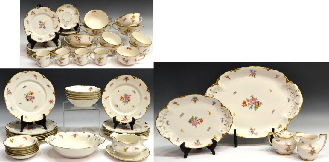 (54) WARWICK 'DRESDEN' PORCLEAIN DINNER SERVICE: (lot of 54) Warwick porcelain dinner service in the 'Dresden' pattern, marked underfoot, comprising: (6) dinner plates, 9.5"diam; (6) luncheon plates, 9"diam; (5) bowls, 1.5"h, 6.5"diam; (6) bread pla