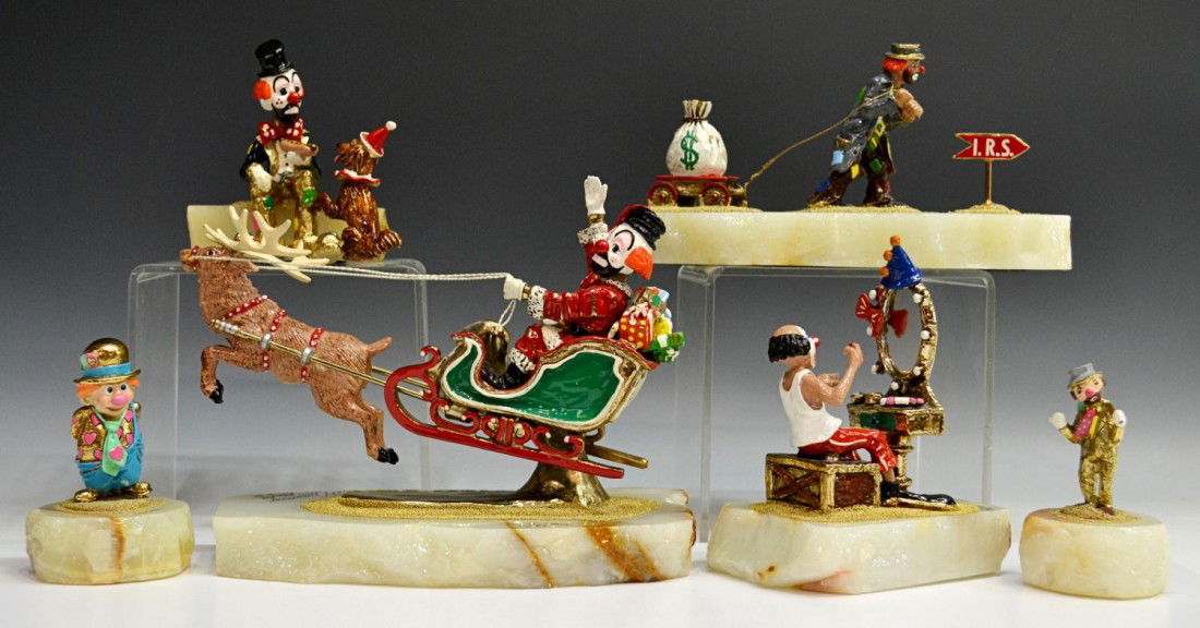 COLLECTION OF SIGNED RON LEE CLOWN FIGURES: (lot of 6) Collection of various Ron Lee clown figures, including a Christmas theme figural group, signed with personal inscription, "A Very Merry Christmas from Ron Lee, '85 "To Jaque and Howard, bes