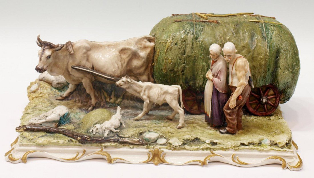 LARGE ITALIAN PORCELAIN FIGURAL GROUP,THE HAY CART: Large Italian porcelain figural group, The Hay Cart, a depiction of cows, cart and a couple, illegibly signed and numbered, tag on back 'Creazioni Cedraschi, Milano, Italy, rear feet with flakes, mino