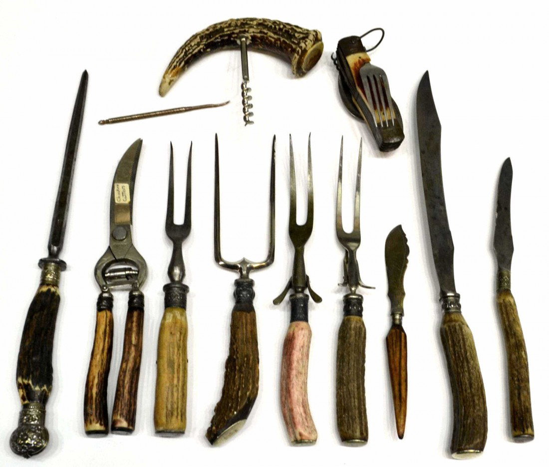 (11)ANTIQUE STAG HANDLED KNIVES, FORKS, SHARPENERS: (lot of 11) Collection of antique stag handled carving knives, forks, meat fork, chicken cutters, sharpening tool, Japan knife with fork and spoon, etc., some having sterling repousse collars, some lo