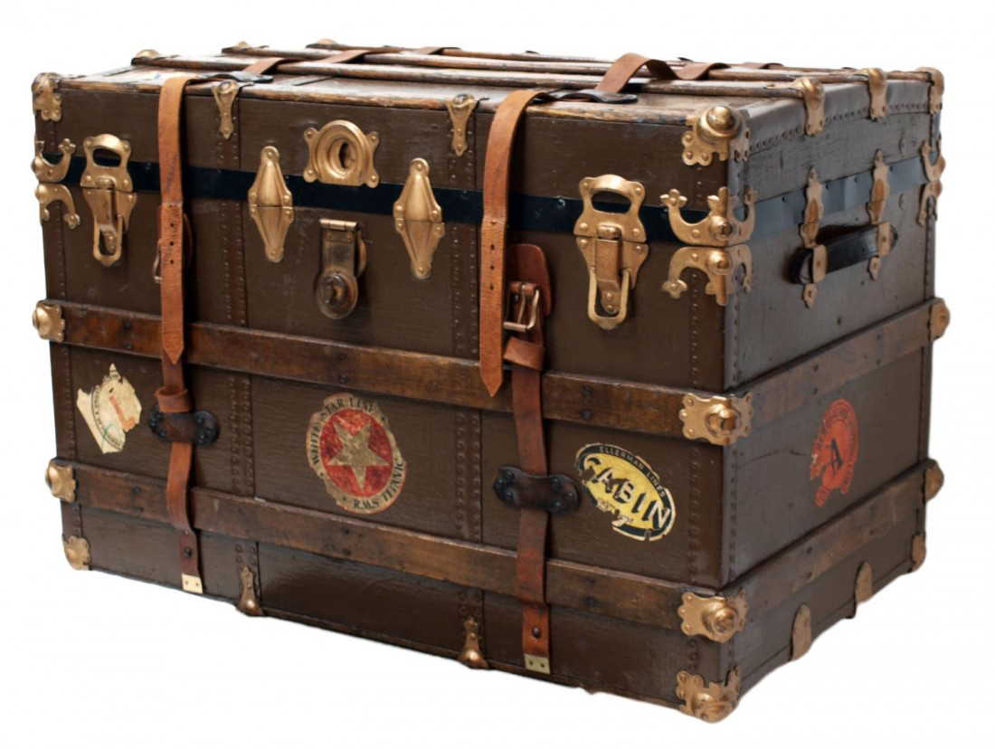 363 ANTIQUE LEATHER & WOOD BOUND TRAVEL TRUNK
