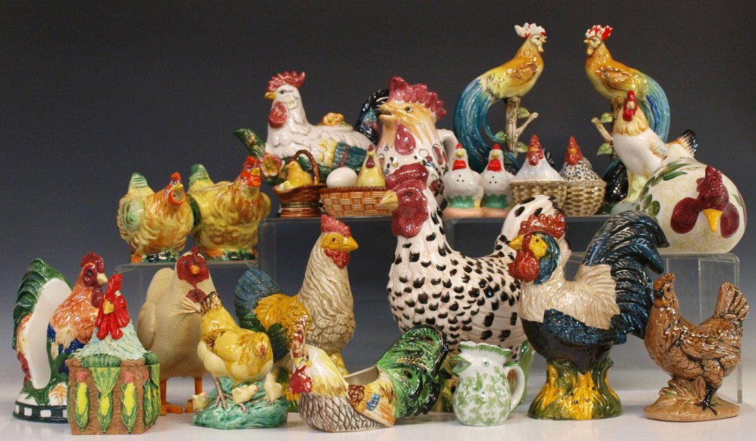 (26) HUGE GROUP DECORATIVE ROOSTERS & BIRDS: (lot of 26) Decorative chickens of varied material and sizes, inclusive of jars, figurines, milk pitchers, napkin holder and salt and pepper shakers, highlights include (1) vintage ceramic chicken in 