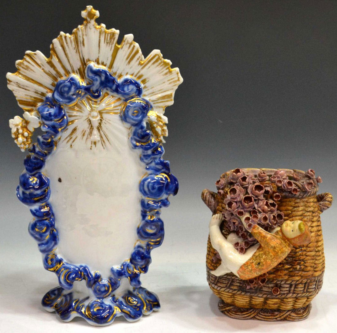 (2)ANTIQUE OLD PARIS & AMPHORA PORCELAIN VASES: (lot of 2) Antique Continental ceramic vase group: (1) Imperial Amphora Bohmen with brown basket vase, applied with flowers and child, intact with restoration to child, typical loss to flowers, 7.5"h,