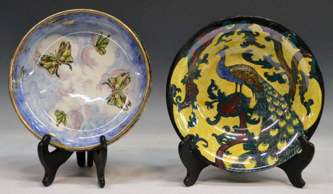 (2) ENGLISH GRIMWADES BYZANTA WARE LUSTRE BOWLS: (lot of 2) Grimwades 'Byzanta' ware, Stoke on Trent, England, lustre bowl group: (1) showing a colorful peacock surrounded by green and red flourishes, sponge painted yellow on exterior, 10"diam; (1) 
