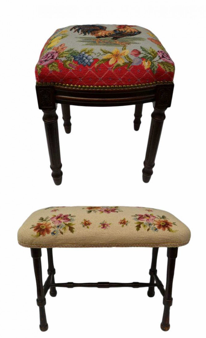 (2)NEEDELPOINT CHICKEN & RECTANGULAR FLORAL STOOLS: (lot of 2) Needlepoint stools: (1) depicting rooster surrounded by fruit and flowers in vibrant colors on top of hand carved mahogany legs with carved details, 20"h, 15"w; (1) rectangular tan top with