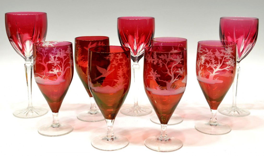 (9) SET RUBY BOHEMIAN WILDLIFE & GORHAM STEMWARE: (lot of 9) Collection of ruby stemware, comprising: (6) Bohemian etched stems, wildlife pattern, 7"h, 3"diam; (3) Gorham crystal water goblets in the,'Clermont Ruby,' pattern, acid marked underfoot, 8