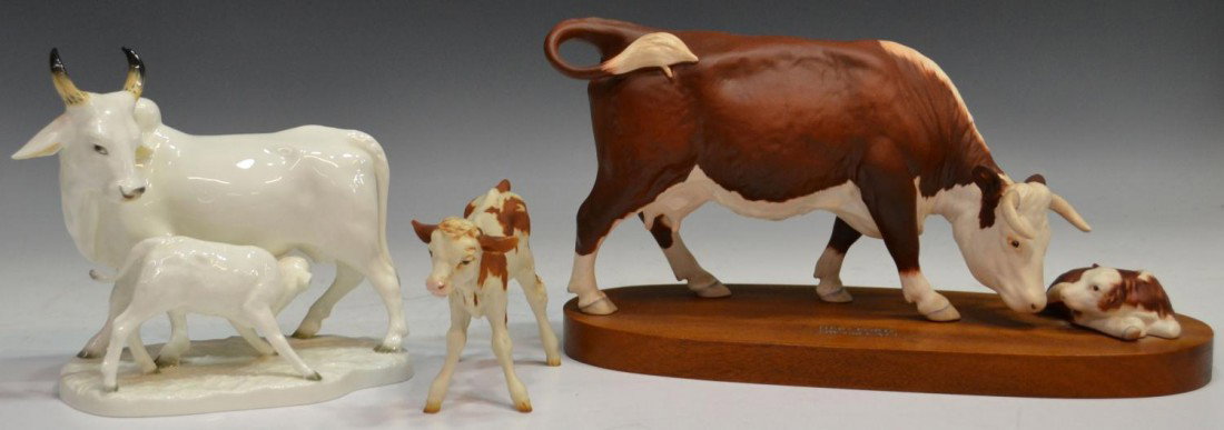 (3)BESWICK, NORITAKE & KAISER CERAMIC ANIMAL LOT: (lot of 3) Group of ceramic cow figures, comprising: (1) small brown and white delicate Kaiser ceramic calf, 4"h, (1) Hereford, 'Cow and Calf' on wooden plinth, 'a Connoisseur model by Beswick England