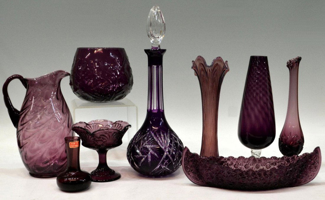 (9) GROUP VINTAGE AMEHTYST GLASS VASES, DECANTER: (lot of 9) Collection of mostly vintage amethyst glass cabinet and tableware comprising Bohemian cut to clear decanter with slight chips to clear stopper, vintage vases, one being opalescent, pitcher 