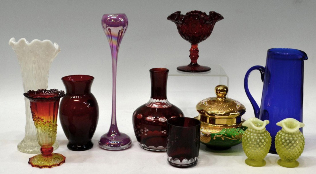 (10) LOT VINTAGE TO MODERN GLASSWARE, VASES, ETC: (lot of 10) Group of colored art glass cabinet and tableware comprising (1) ruby to clear tumble up, ruby vase and compote, Italian heavily gilded green glass lidded dish, cobalt pitcher, opalescent s