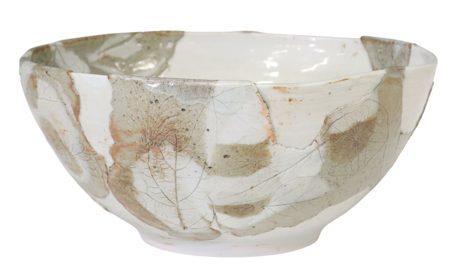 LARGE ART POTTERY SERVING BOWL WITH APPLIED LEAVES (1 of 4)