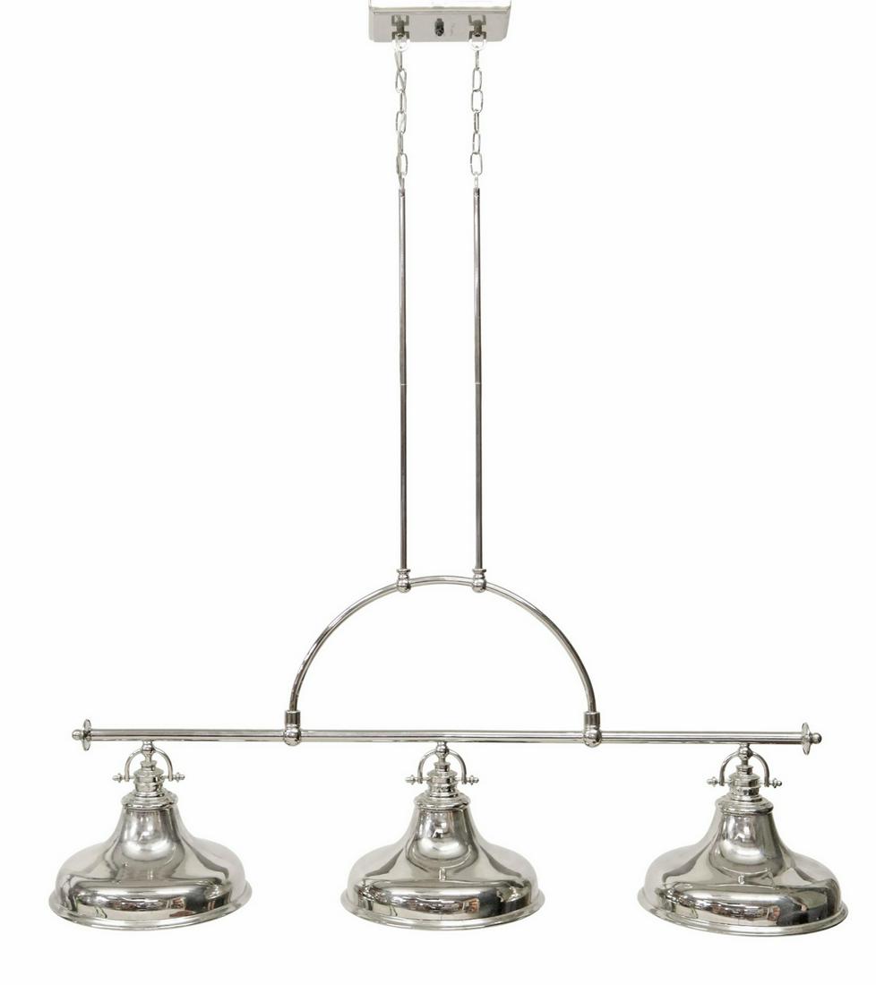 QUOIZEL 'EMERY' THREE-LIGHT ISLAND LIGHT: Quoizel "Emery" steel three-light hanging island light, with metal warehouse shades, approx 48"h, 50"w, 13"d **Retails for $1099** Start Price: $200.00
