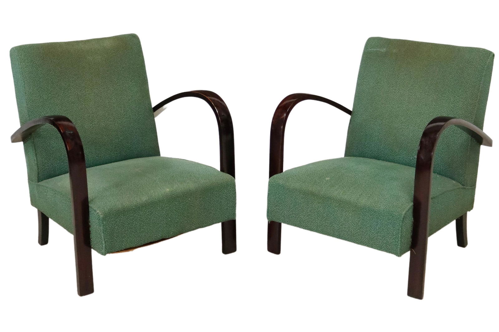 (2) ITALIAN ART DECO UPHOLSTERED ARMCHAIRS: (pair) Italian Art Deco armchairs, c. 1940s, having padded back and seat, in green fabric upholstery, with arched armrests, rising on squared supports, approx 29"h, 25"w, 25"d, seat height: 13.5"h Sta