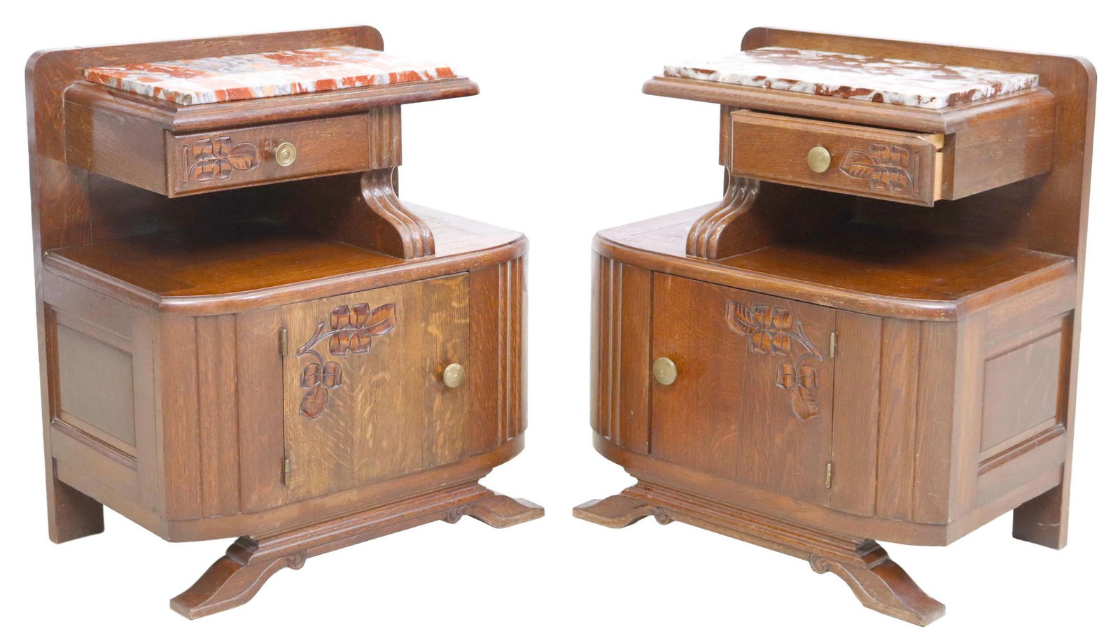 (2) ITALIAN ART DECO MARBLE-TOP OAK NIGHTSTANDS (1 of 6)
