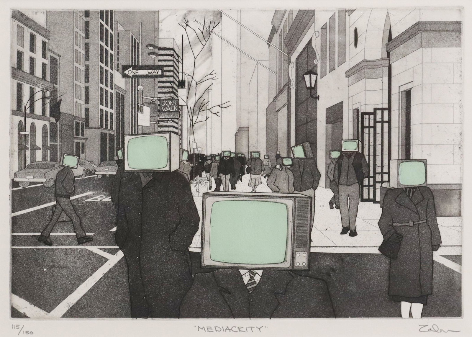 BERNARD ZALON (B.1951) FRAMED ETCHING 'MEDIACRITY': Framed etching on paper, "Mediacrity," signed lower right Zalon (Bernard Zalon, American, b.1951), numbered 115/ 150, sight: approx 10.75"h, 15.75"w, overall: approx 18.25"h, 24.25"w, 4lbs Start Price