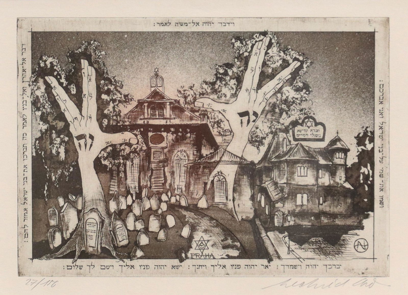 SIGNED JUDAICA AQUATINT ETCHING ON PAPER, PRAGUE (1 of 4)