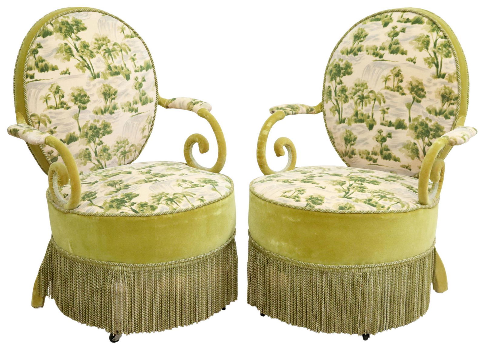 (2) FRENCH VELVET UPHOLSTERED BOUDOIR CHAIRS: (pair) French velvet boudoir/ slipper armchairs, 20th c., having oval medallion back, in foliate patterned velvet upholstery, over scrolled arms, padded circular seat, above skirted base with braided