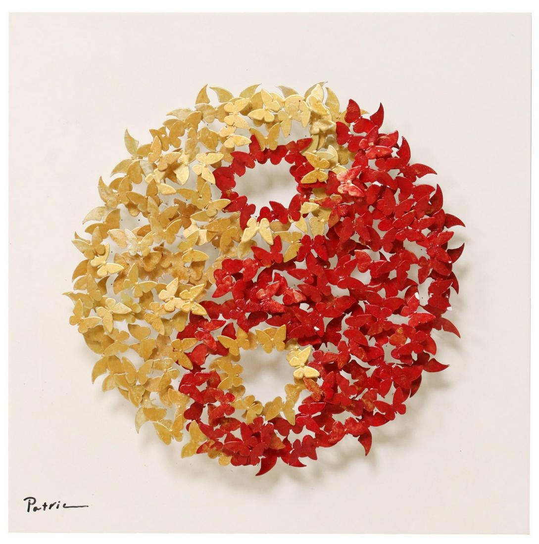 PATRICIA GOVEZENSKY (B.1961) YIN & YANG 3D ART: Mixed media on backboard, Yin and Yang, signed lower left Patricia (Patricia Govezensky, Israel, b.1961) created from red and gold metal butterflies, approx 19.75"sq, 8.5lbs Start Price: $300.00