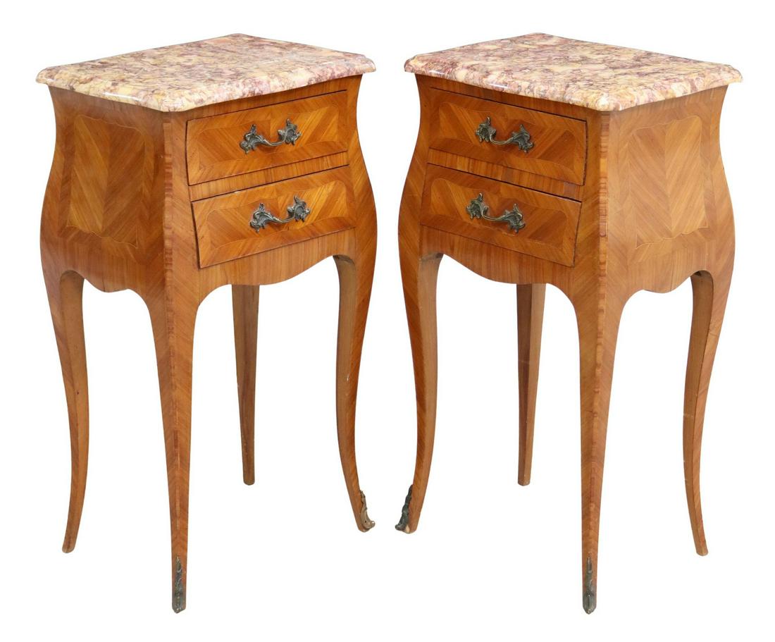 (2) FRENCH LOUIS XV STYLE MARBLE-TOP NIGHTSTANDS: (pair) French Louis XV style marble-top nightstands, 20th c., two drawers, rising on cabriole legs, ending in front sabots, finished on all sides, (one) sabot varied, approx 27.75"h, 15"w, 11.75"d Sta