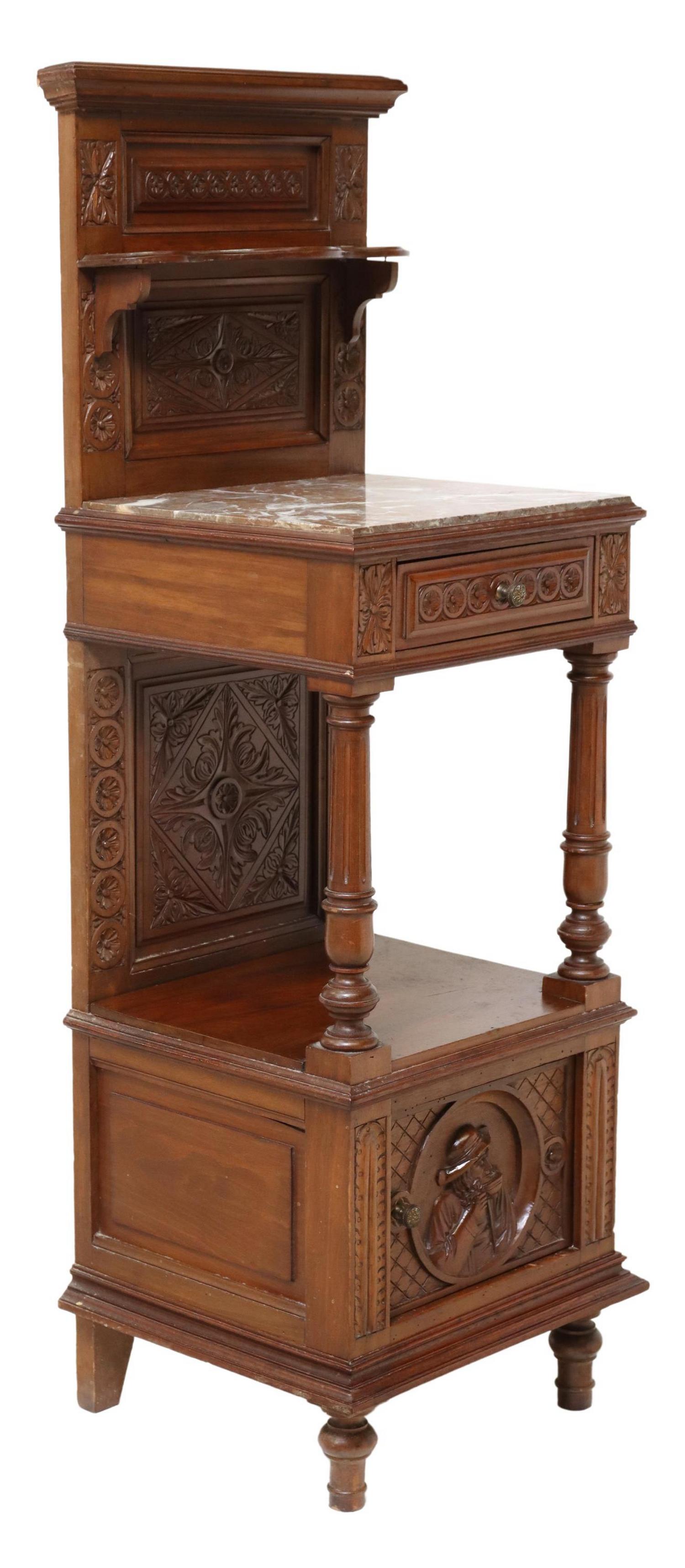 FRENCH BRETON CARVED WALNUT BEDSIDE CABINET (1 of 7)