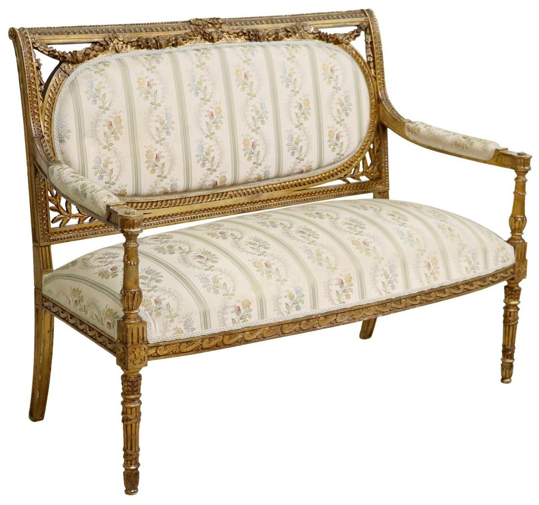LOUIS XVI STYLE FLORAL UPHOLSTERED GILT SOFA (1 of 3)