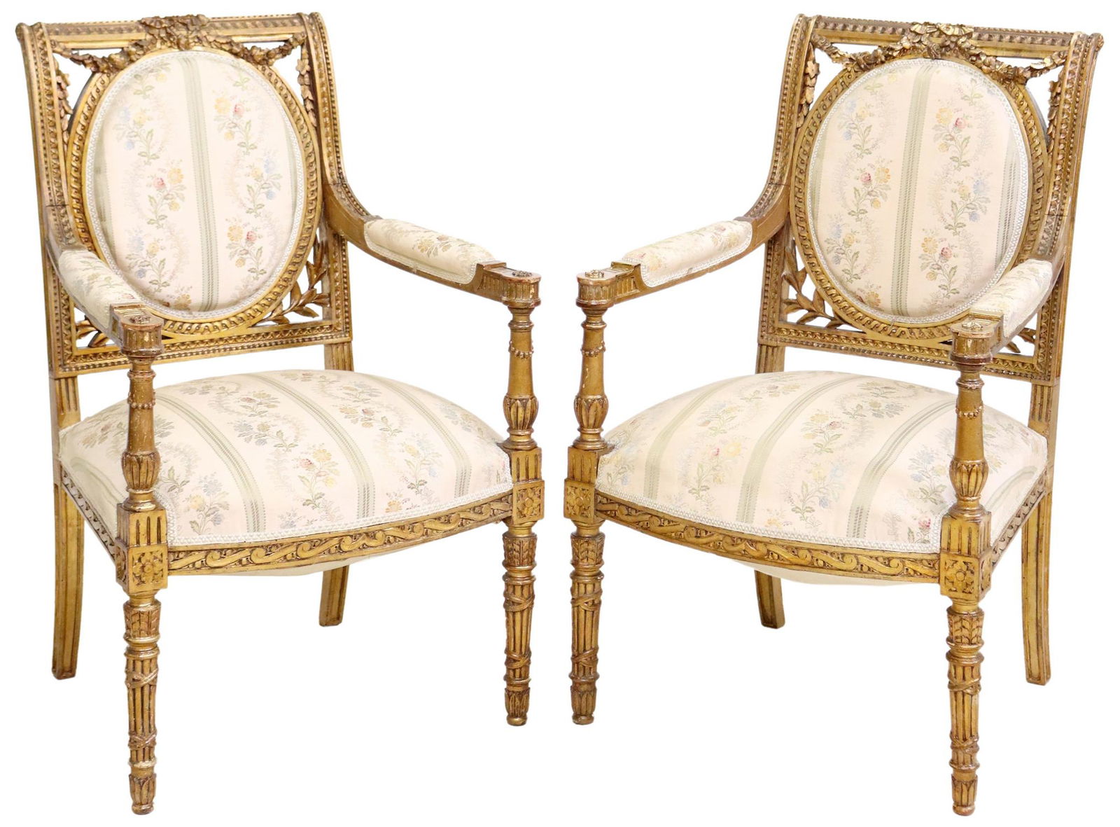 (2) LOUIS XVI STYLE GILT UPHOLSTERED FAUTEUILS (1 of 3)