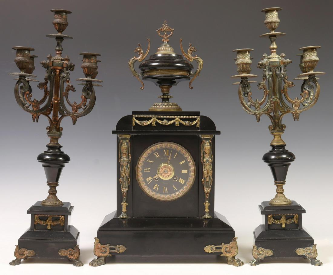 (3) FRENCH BLACK SLATE MANTEL CLOCK & CANDELABRA (1 of 6)