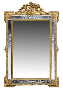 FRENCH LOUIS XV STYLE ETCHED PARCLOSE MIRROR: French Louis XV style parclose mirror, Company of Saint-Gobain, Chauny and Cirey, early 20th c., pierced rocaille crest, over gilt painted wood and gesso frame, foliate etched beveled glass panes, cen