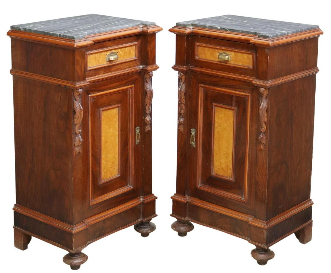 (2) ITALIAN MARBLE-TOP WALNUT BEDSIDE CABINETS (1 of 6)