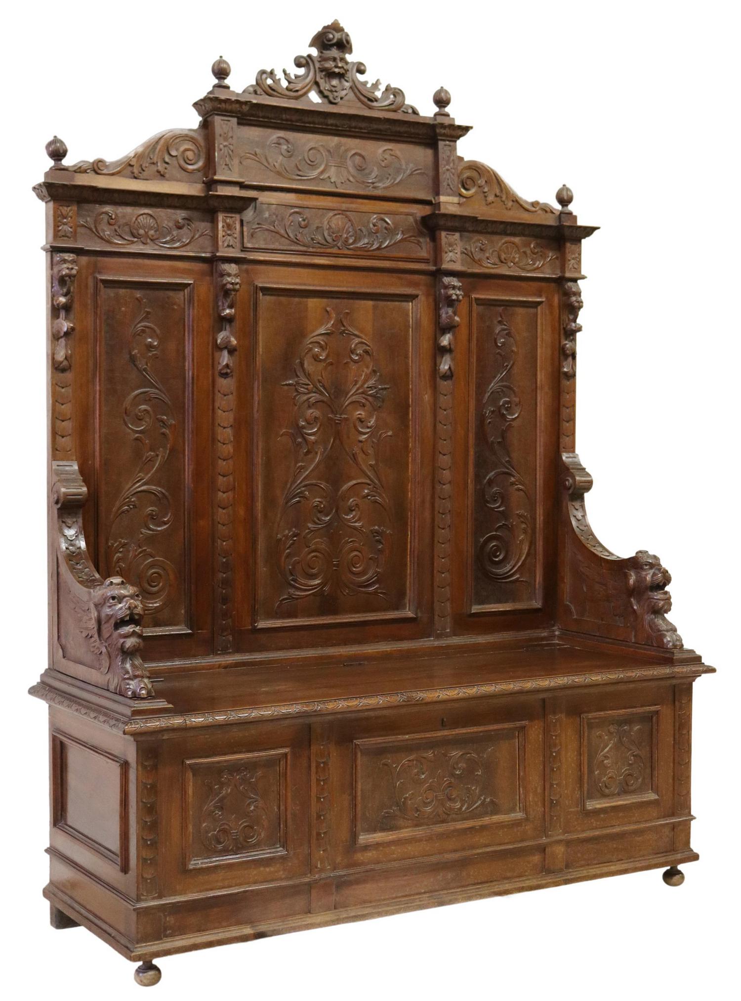 ITALIAN RENAISSANCE REVIVAL CARVED HALL BENCH (1 of 6)