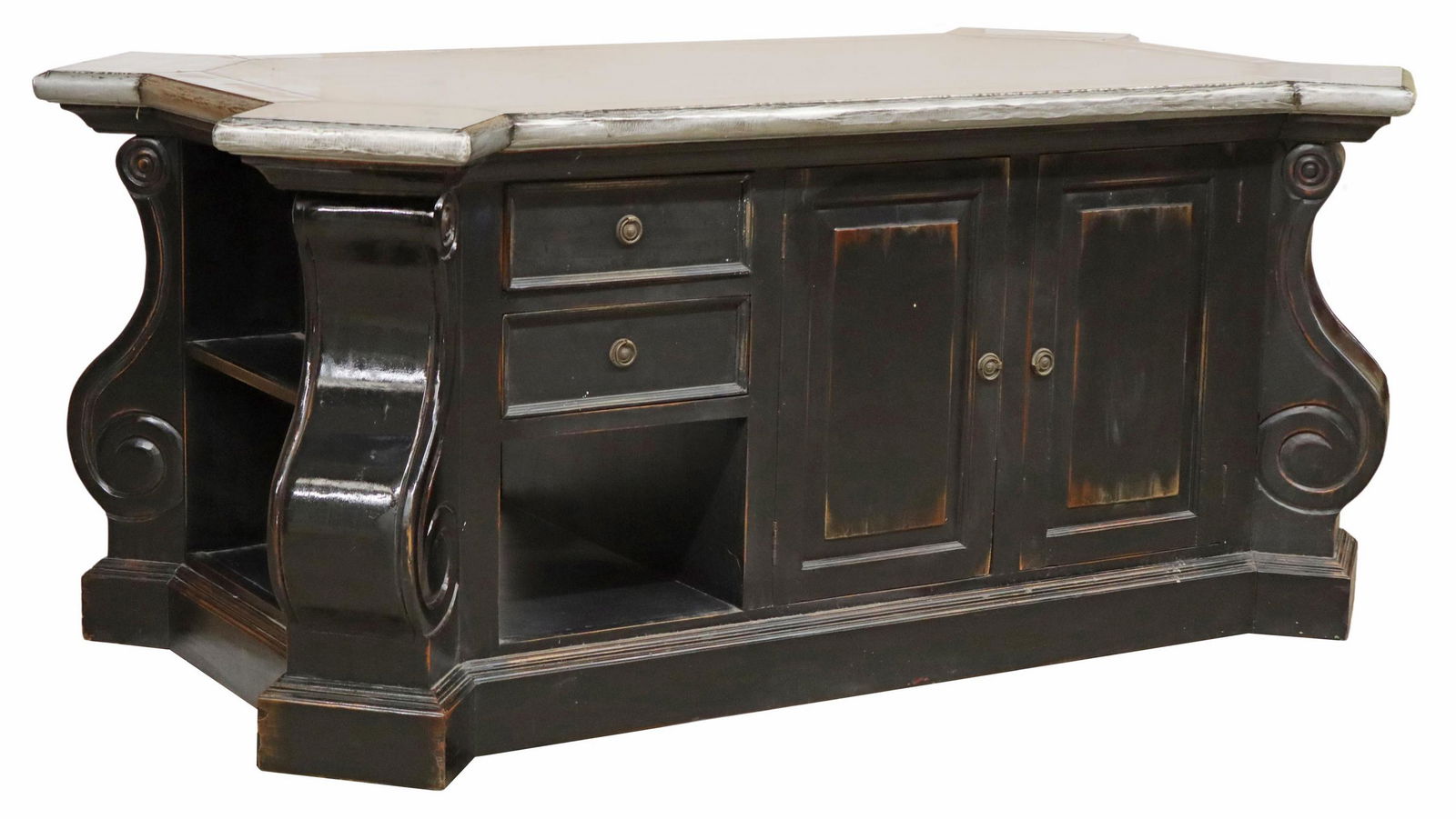 LARGE SHEET METAL TOP EBONIZED WOOD KITCHEN ISLAND (1 of 6)