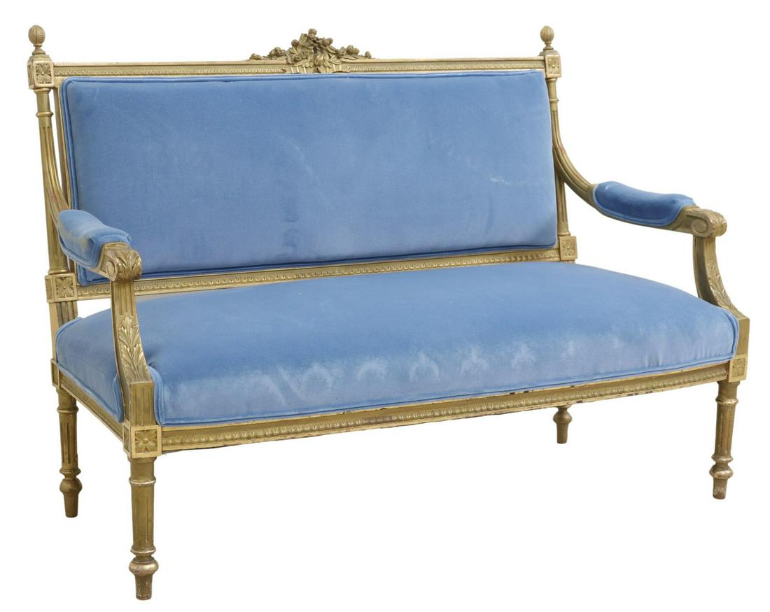 FRENCH LOUIS XVI STYLE GILTWOOD SETTEE SCHUMACHER FABRIC (1 of 3)