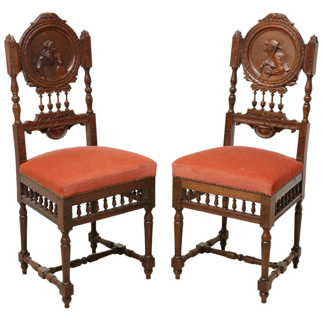 2) FRENCH BRETON FIGURAL CARVED WALNUT SIDE CHAIRS (1 of 3)