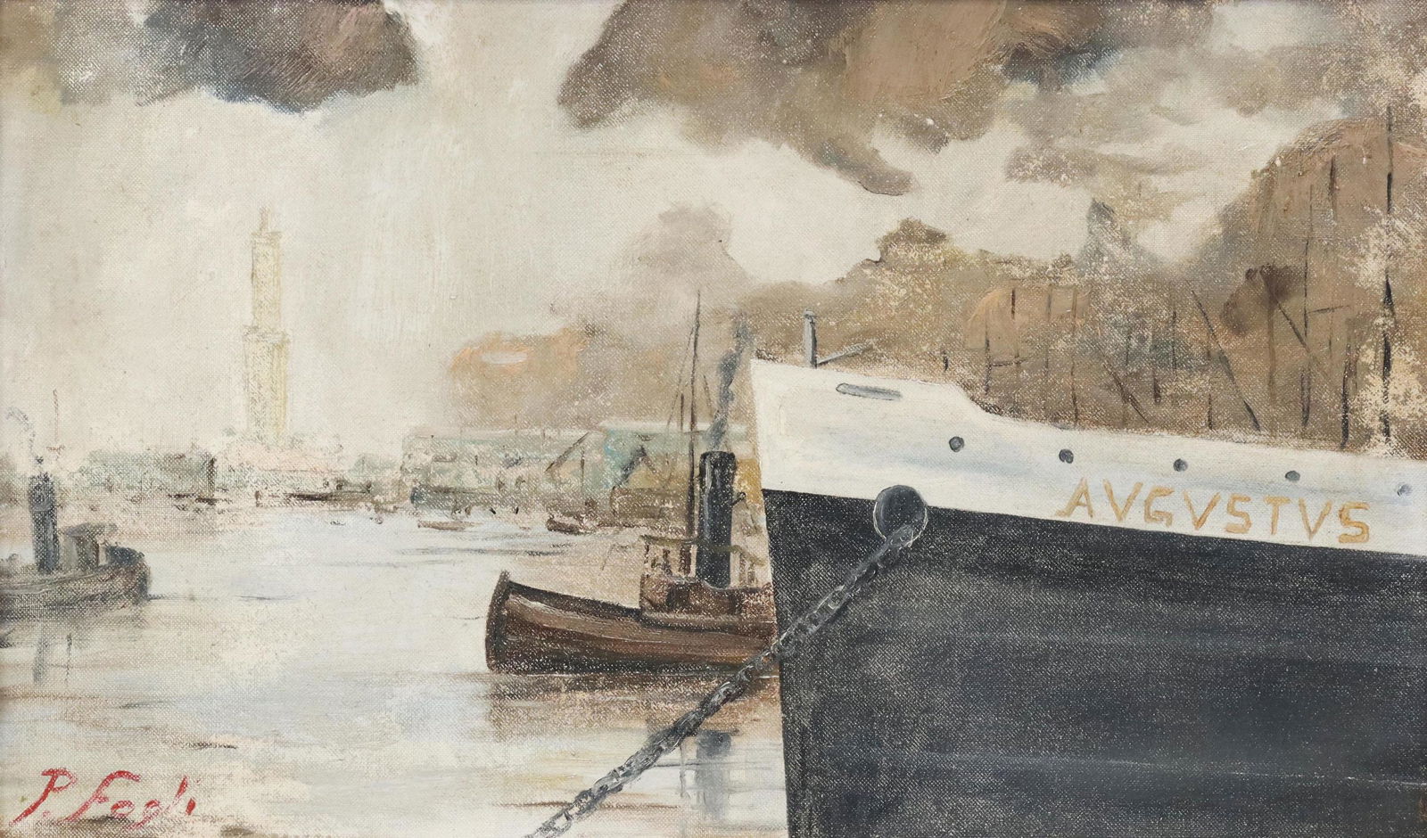 P. FOGLI OIL PAINTING PORT OF GENOA LIGHTHOUSE (1 of 4)