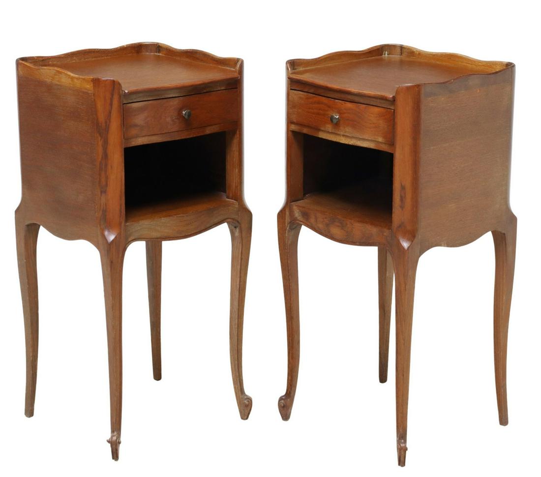 (2) FRENCH LOUIS XV STYLE ONE-DRAWER NIGHTSTANDS: (pair) French Louis XV style nightstands, 20th c., having shaped top, over single drawer, above open storage, rising on cabriole legs, ending on whorl feet, approx 27"h, 12.5"w, 12"d Start Price: $150
