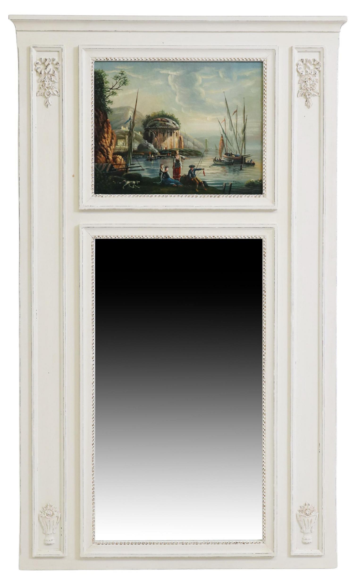 WHITE-PAINTED TRUMEAU MIRROR WITH HARBOR SCENE (1 of 5)
