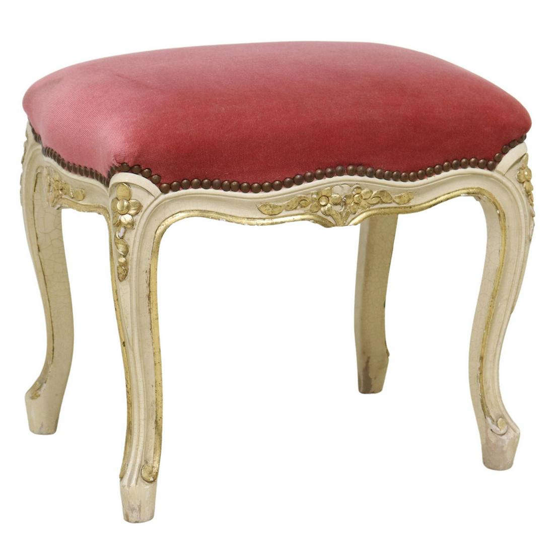 LOUIS XV STYLE VELVET UPHOLSTERED PAINTED OTTOMAN (1 of 4)