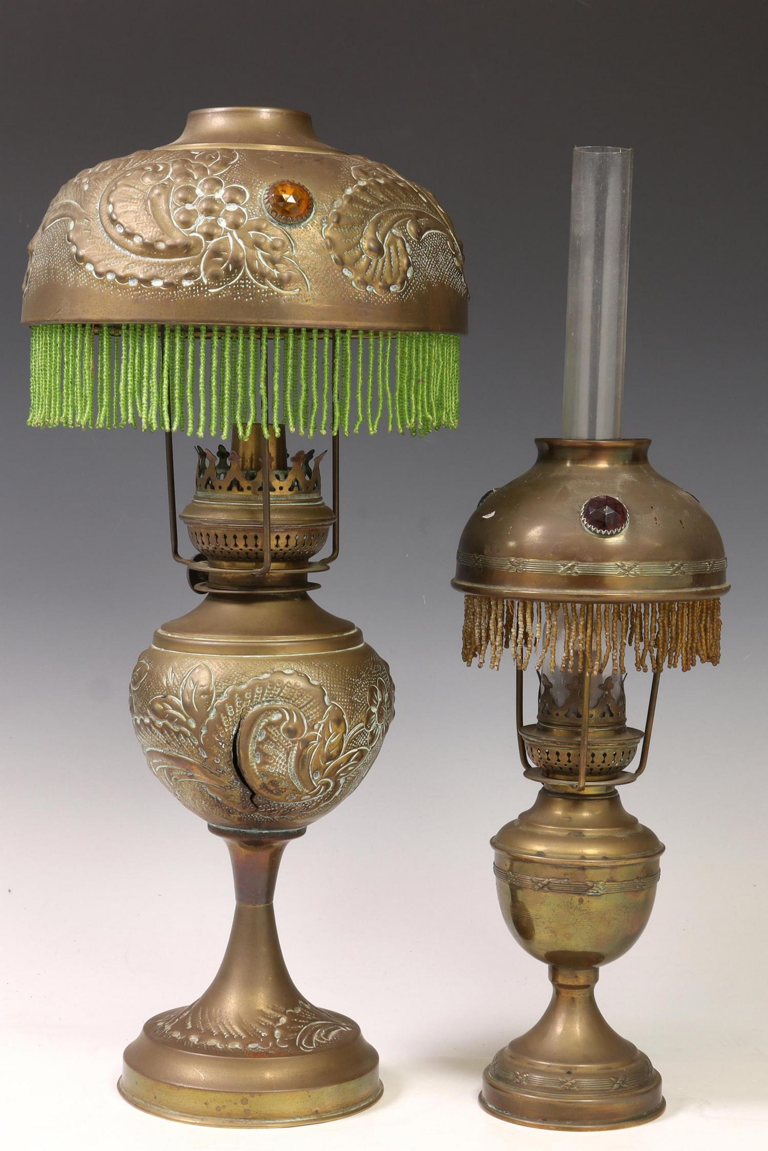 (2) BRASS 'JEWELED' OIL LAMPS WITH BEADED FRINGE (1 of 4)
