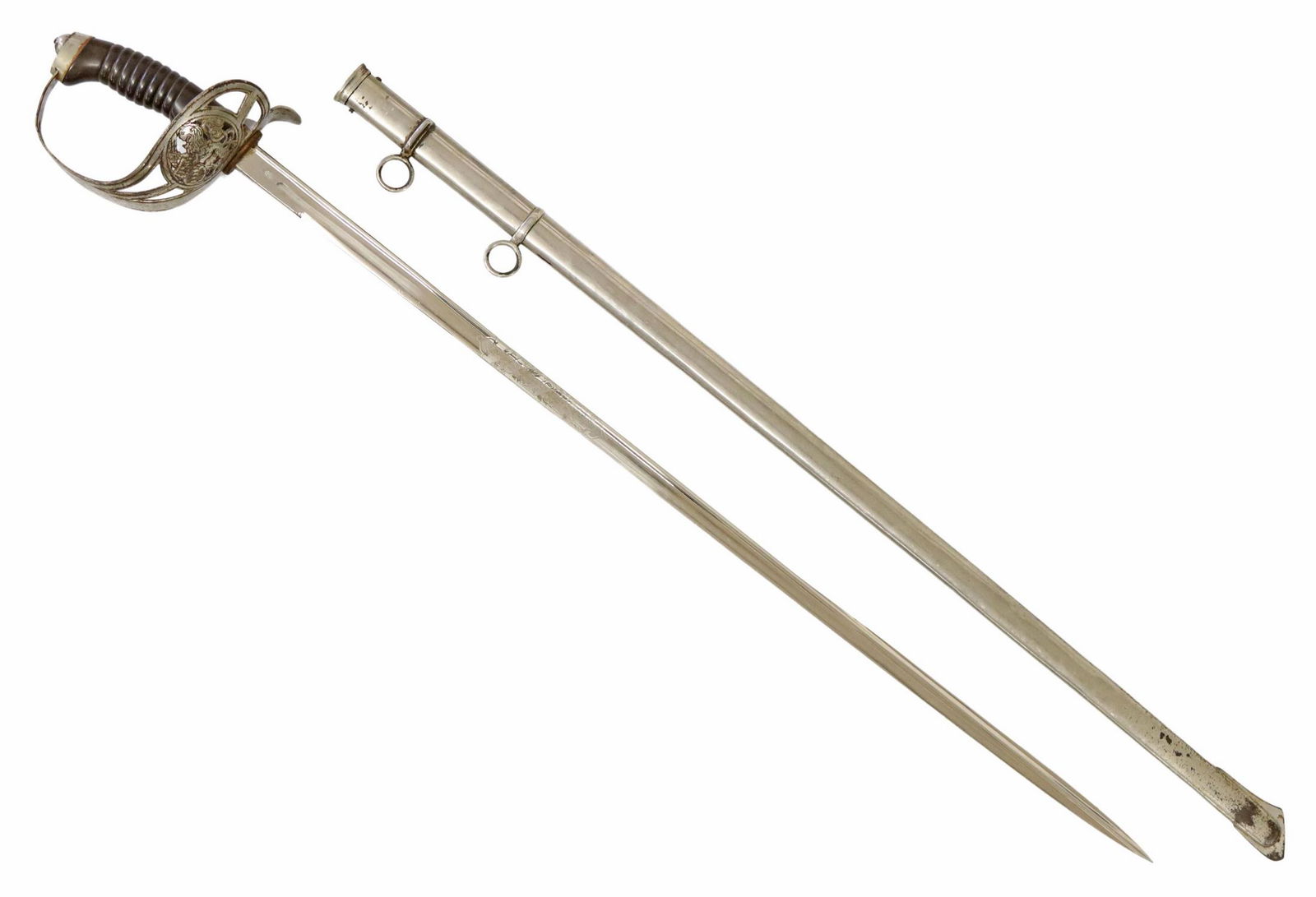 BAVARIAN MODEL 1889 KIRSCHBAUM SWORD: Bavarian Model 1889 sword, the 30.5" straight blade engraved at the center foliate etched panel "In Treue Fest" (Steadfast and True), marked at the ricasso with the knights head logo of maker W.R. Kir