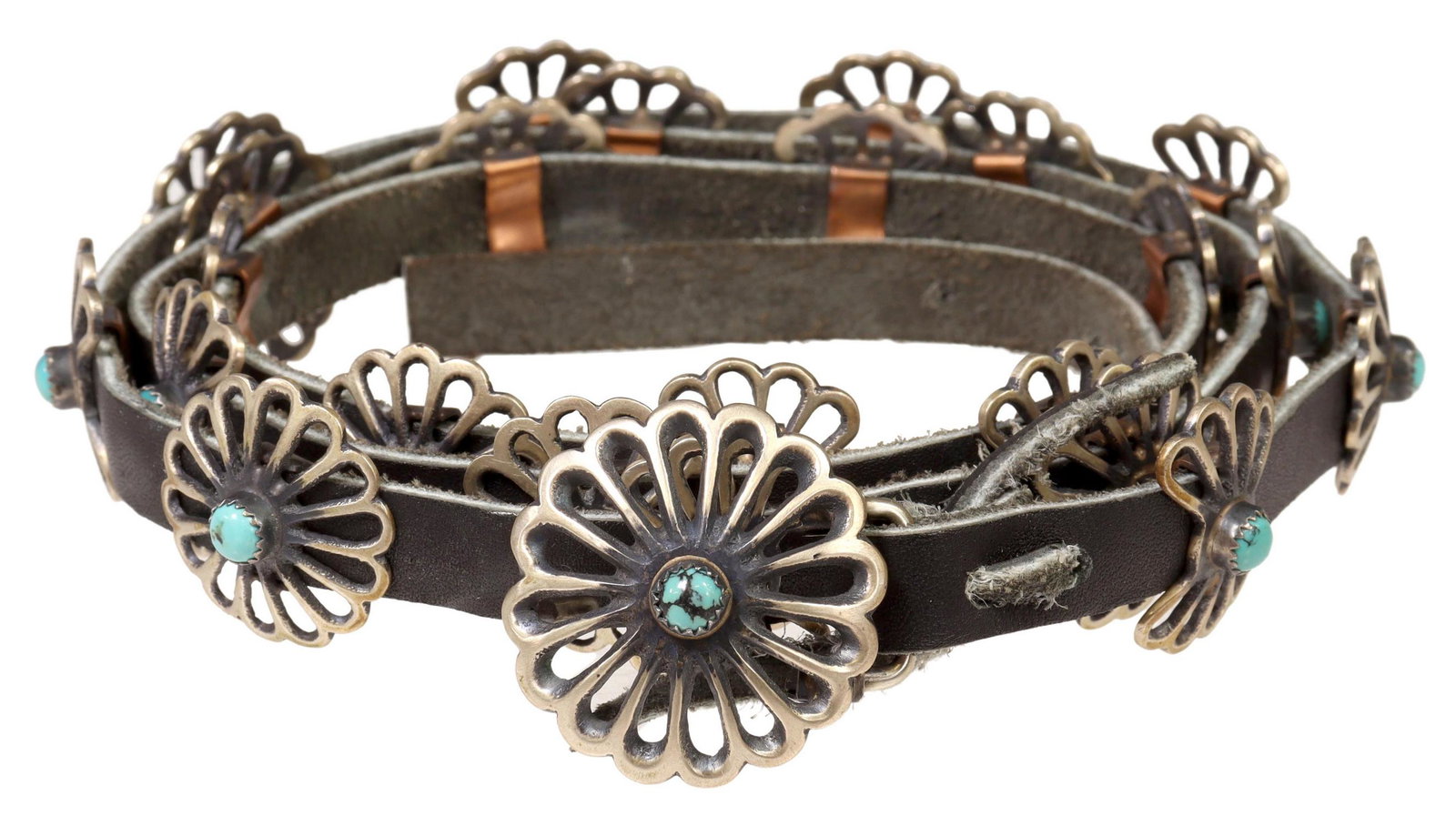 NATIVE AMERICAN SILVER & TURQUOISE CONCHO BELT: Native American sterling silver concho belt, signed at the buckle LEB, the pierced circular floral form buckle with a central turquoise cabochon, the belt with 23 other conchos in circular floral and 