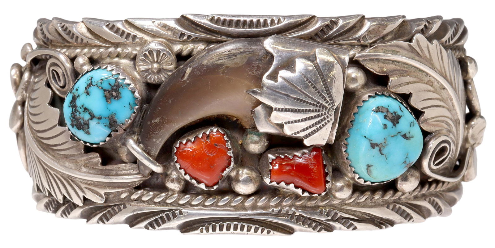 NATIVE AMERICAN STERLING CORAL & TURQUOISE CUFF (1 of 4)