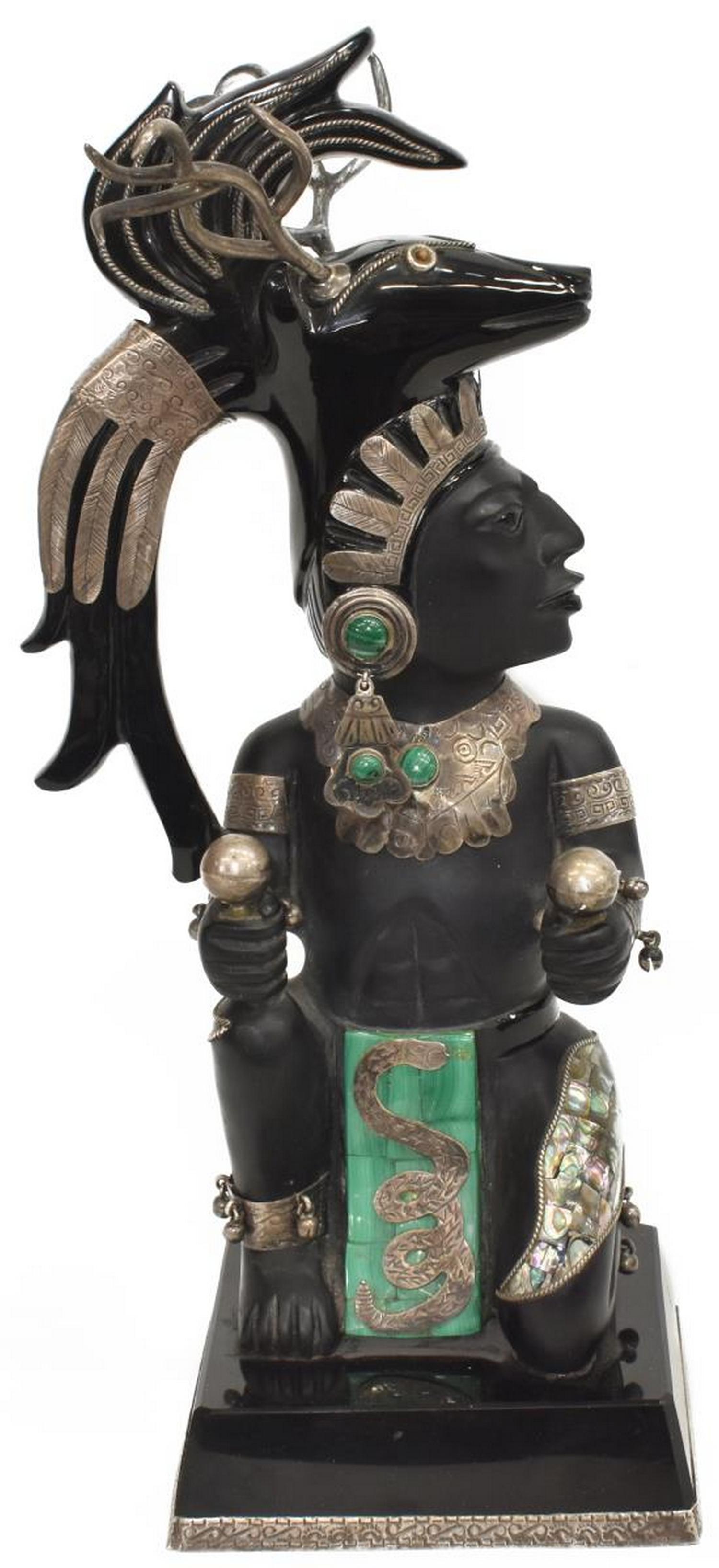AZTEC STYLE SILVER, ONYX & MALACHITE SCULPTURE (1 of 4)