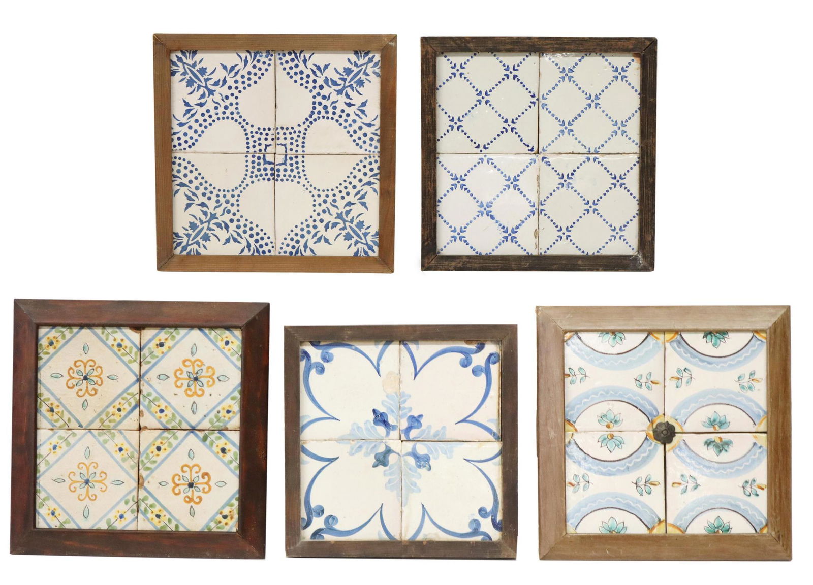 5) FRAMED HAND-PAINTED MAJOLICA TILES, SPAIN 19THC (1 of 5)