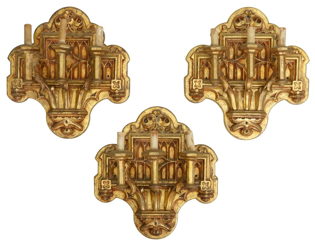 (3) GOTHIC REVIVAL GILT COMPOSITION 3-LT SCONCES (1 of 3)