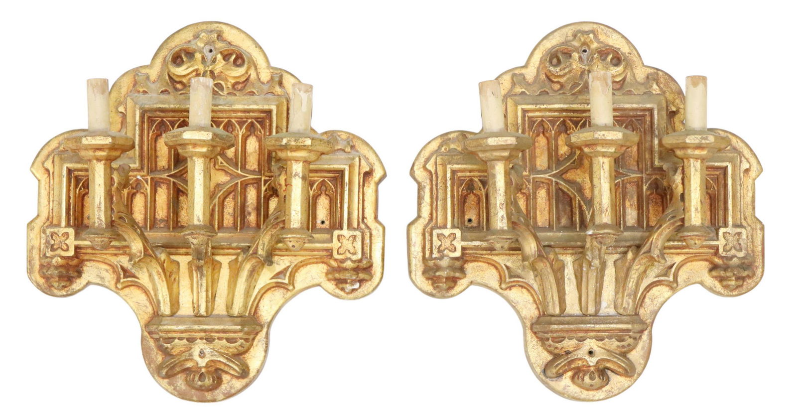 (2) GOTHIC REVIVAL GILT COMPOSITION 3-LT SCONCES (1 of 3)