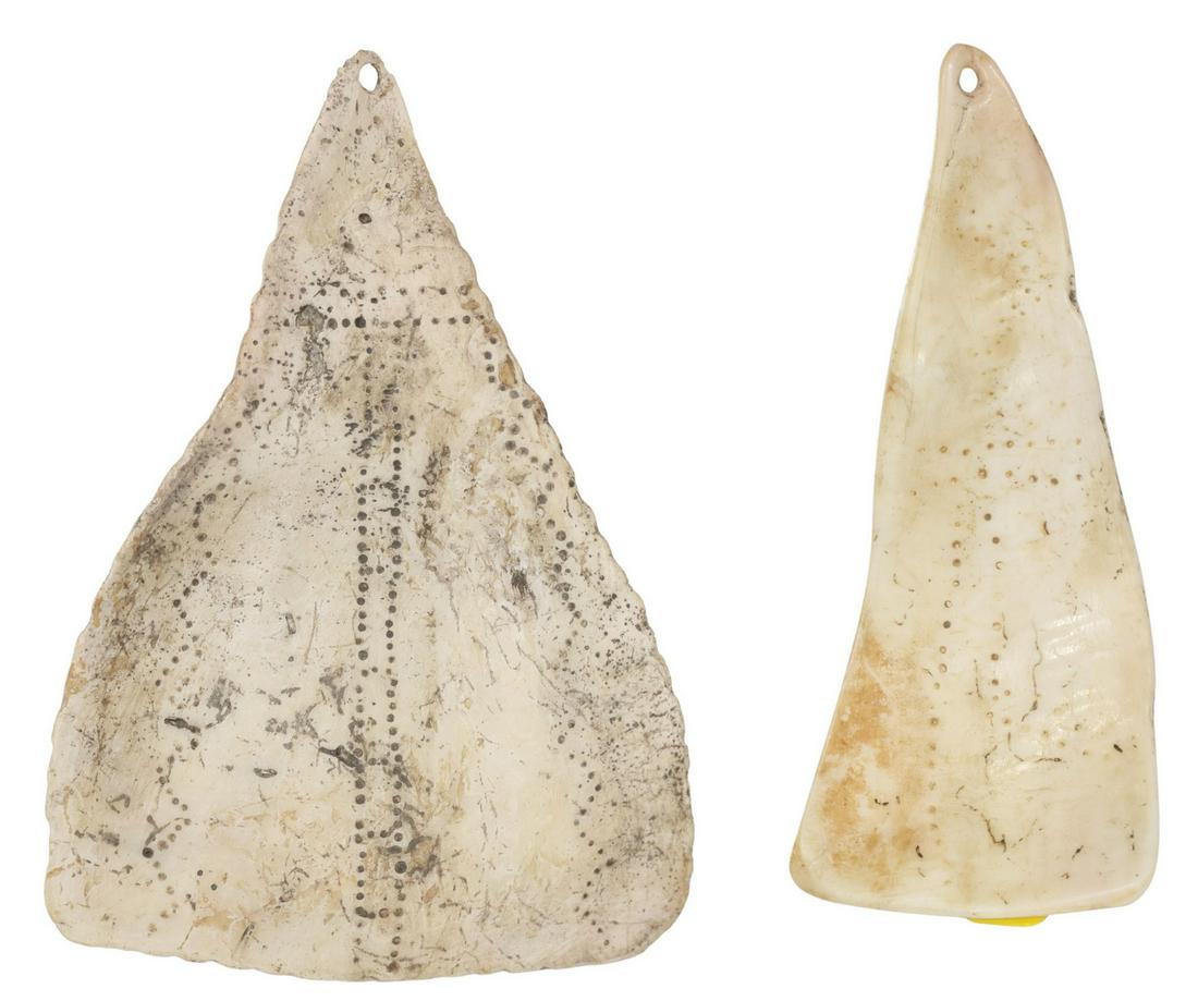 (2) NATIVE AMERICAN ENGRAVED SHELL GORGETS: (lot of 2) Native American shell gorgets, both engraved with small dot designs, each having single drilled hole for hanging, including: (1) with dots in a rattlesnake linear pattern, approx 4.75"h, 3.