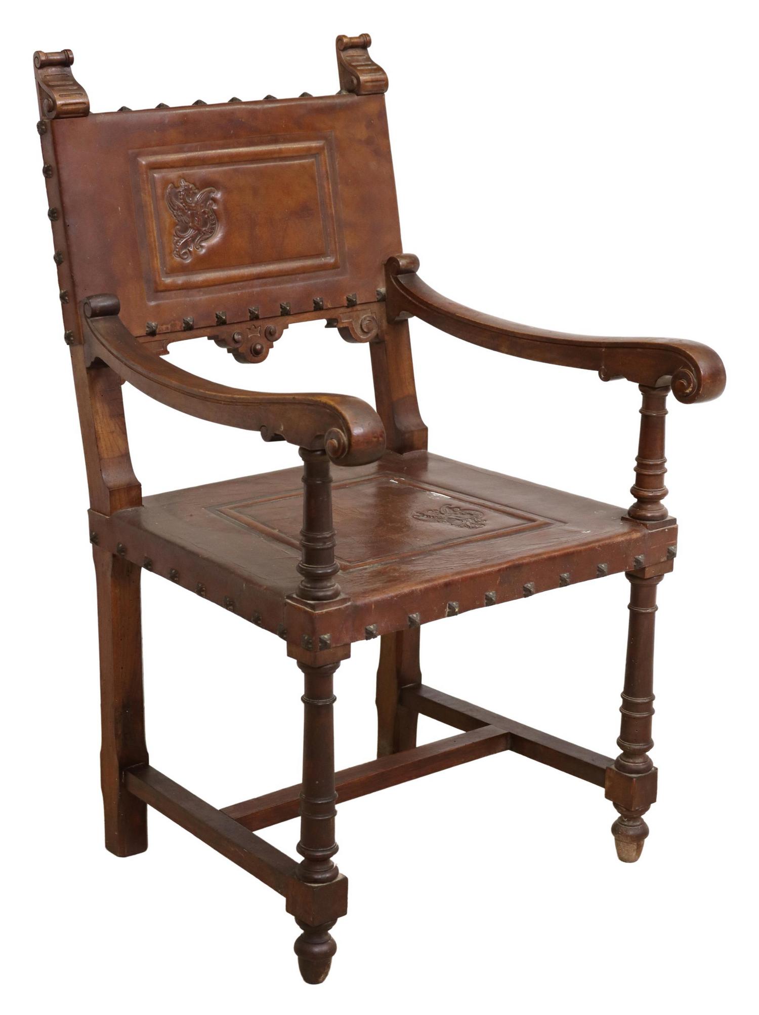 SPANISH BAROQUE STYLE EMBOSSED LEATHER ARMCHAIR (1 of 3)