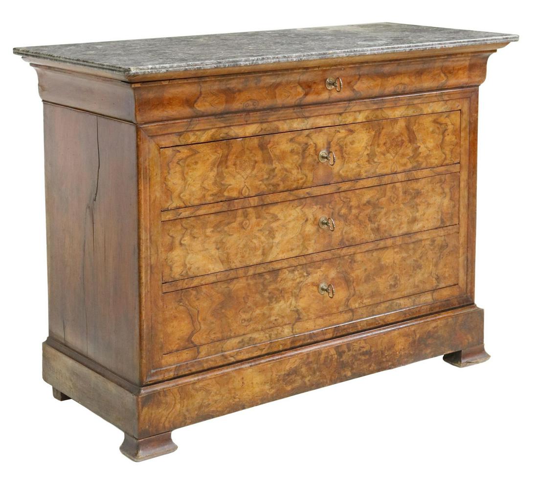 FRENCH LOUIS PHILIPPE MARBLE-TOP BURLWOOD COMMODE: French Louis Philippe period burlwood commode, mid 19th c., having marble top, over five drawers, rising on bracket feet, small chip to marble at side, approx 38"h, 51"w, 22.5"d Start Price: $400.00
