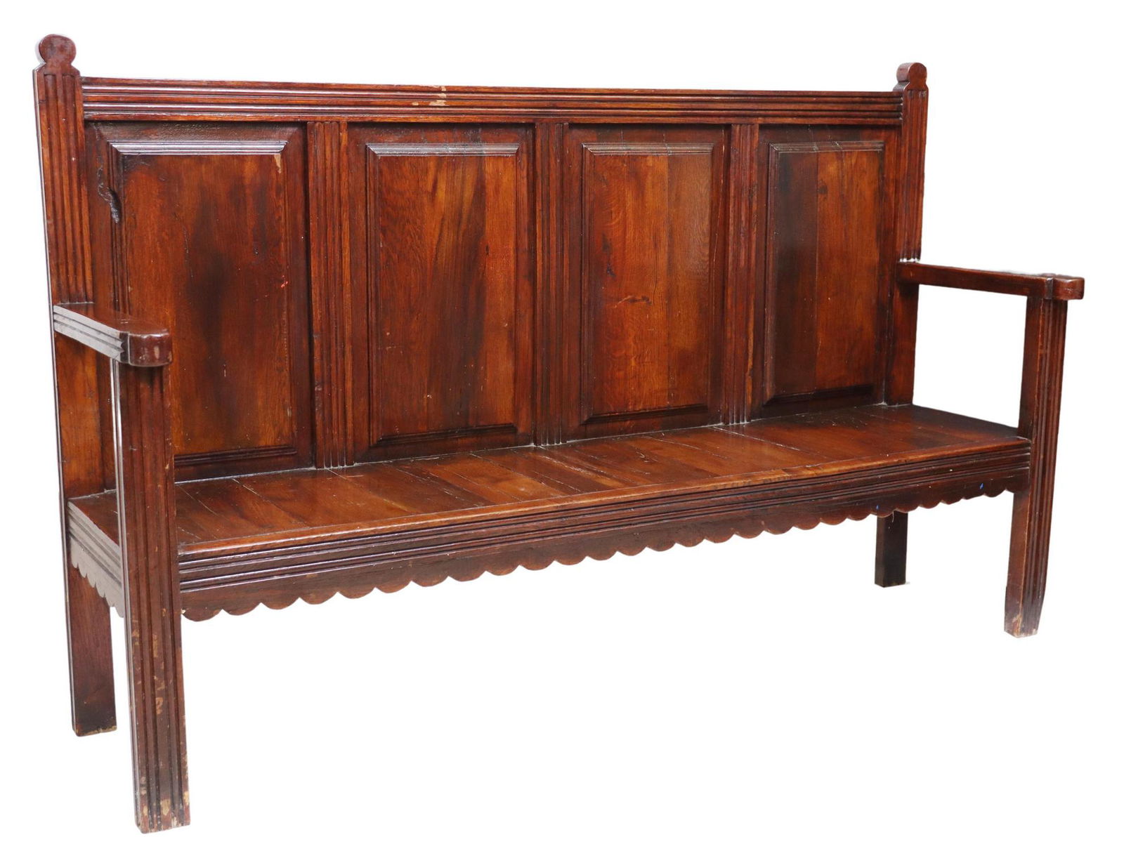 SPANISH PANELED & SCALLOPED OAK HALL BENCH (1 of 3)